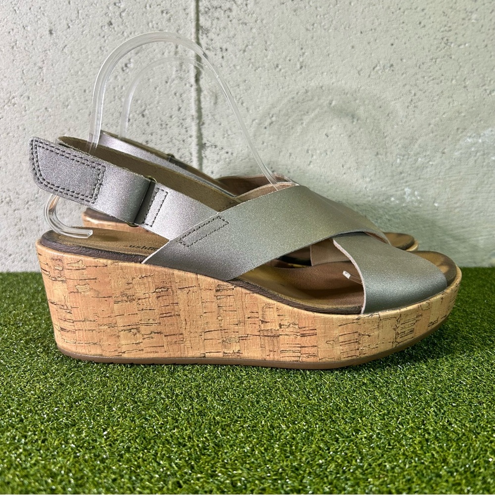 Clarks Stasha Soft Cushion Gray Slingback Platform Wedge Sandals Women’s 9.5